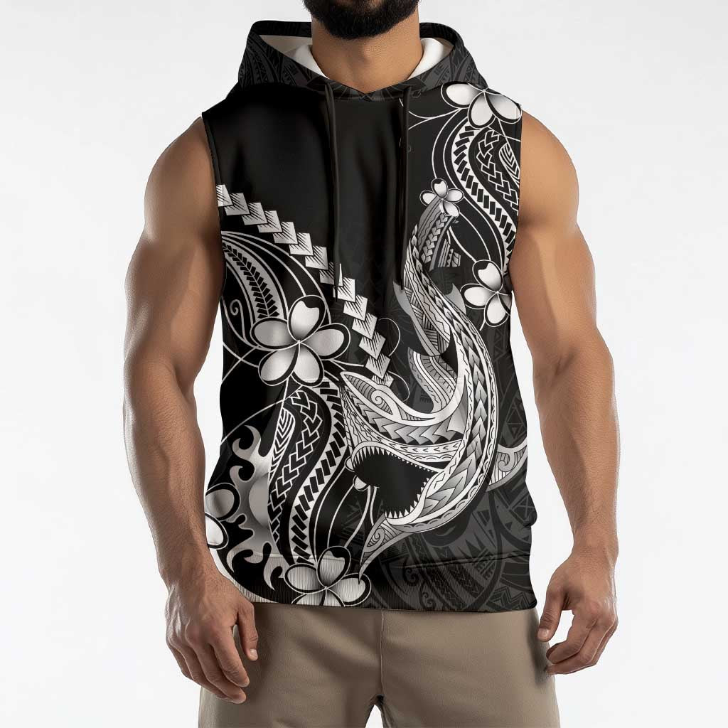 Black Aloha Hawaii Sleeveless Hoodie Polynesian Shark Tattoo With Plumeria - Polynesian Pride