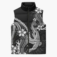 Black Aloha Hawaii Sleeveless Puffer Jacket Polynesian Shark Tattoo With Plumeria - Polynesian Pride