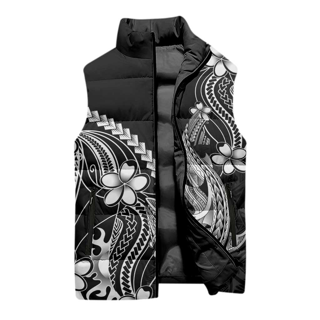 Black Aloha Hawaii Sleeveless Puffer Jacket Polynesian Shark Tattoo With Plumeria - Polynesian Pride