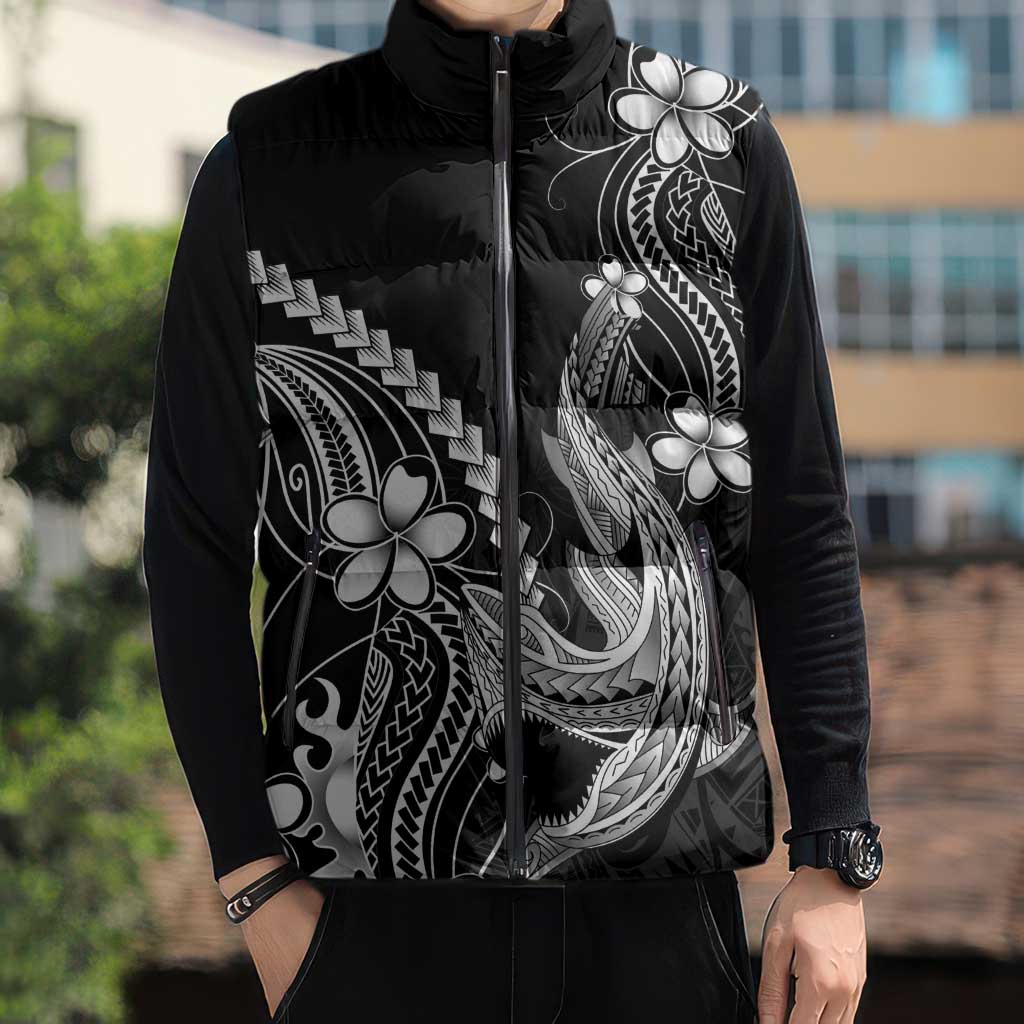 Black Aloha Hawaii Sleeveless Puffer Jacket Polynesian Shark Tattoo With Plumeria - Polynesian Pride