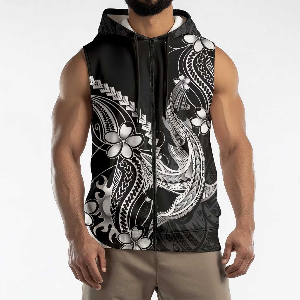 Black Aloha Hawaii Sleeveless Zip Hoodie Polynesian Shark Tattoo With Plumeria - Polynesian Pride