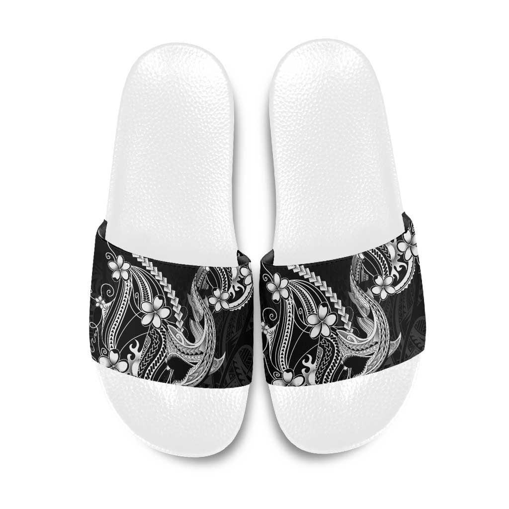 Black Aloha Hawaii Slide Sandals Polynesian Shark Tattoo With Plumeria - Polynesian Pride