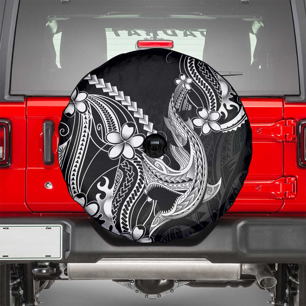 Black Aloha Hawaii Spare Tire Cover Polynesian Shark Tattoo With Plumeria - Polynesian Pride