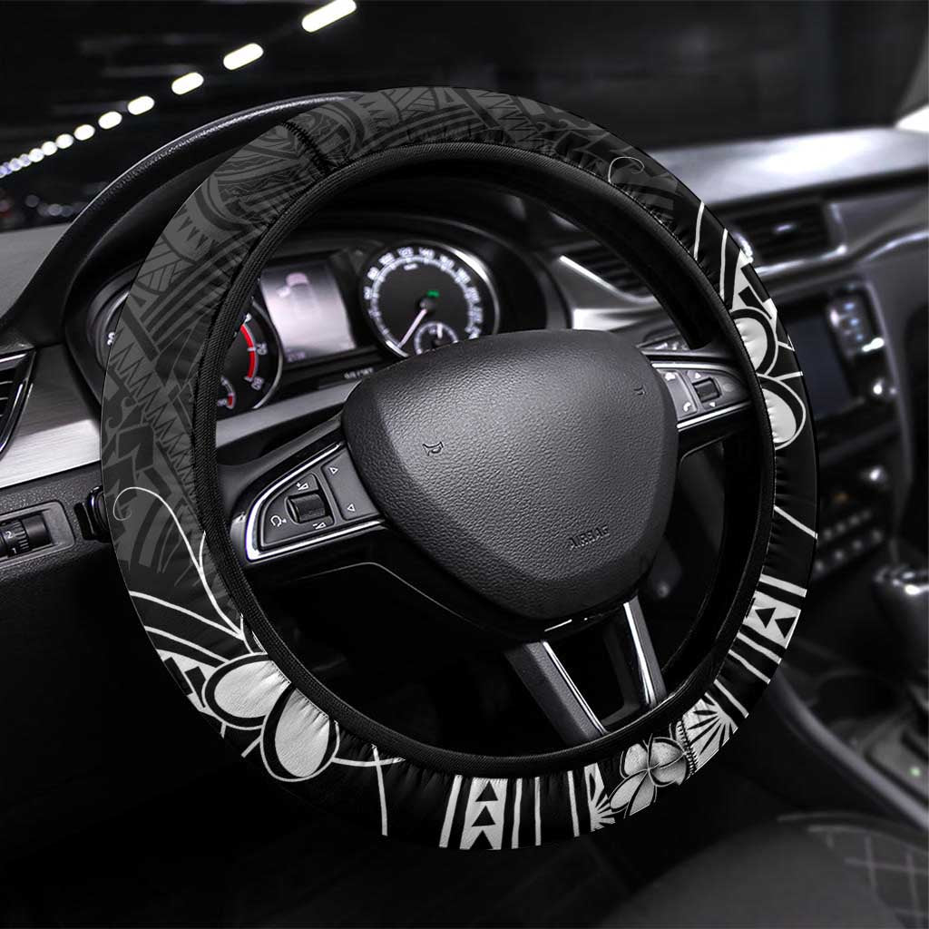 Black Aloha Hawaii Steering Wheel Cover Polynesian Shark Tattoo With Plumeria - Polynesian Pride
