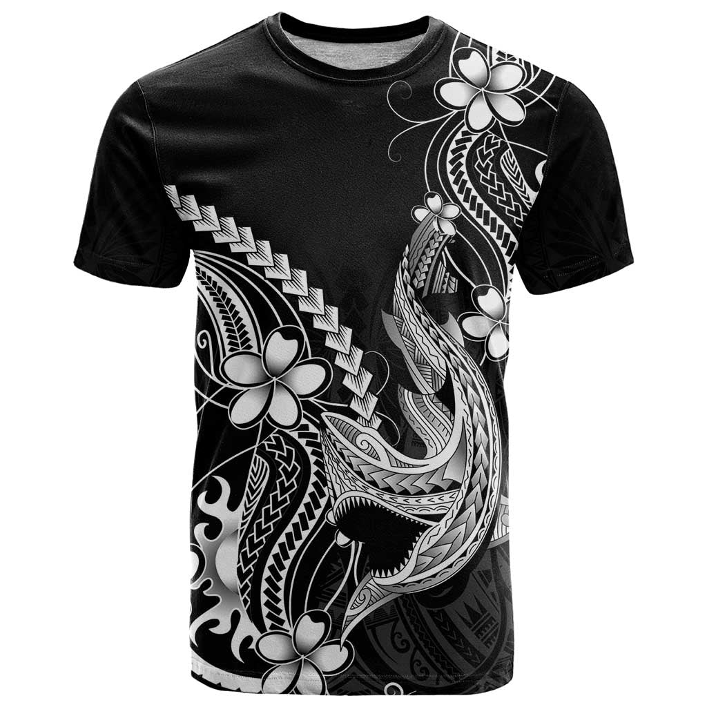 Black Aloha Hawaii T Shirt Polynesian Shark Tattoo With Plumeria - Polynesian Pride