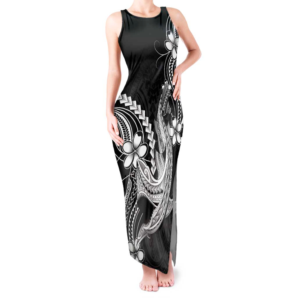 Black Aloha Hawaii Tank Maxi Dress Polynesian Shark Tattoo With Plumeria - Polynesian Pride