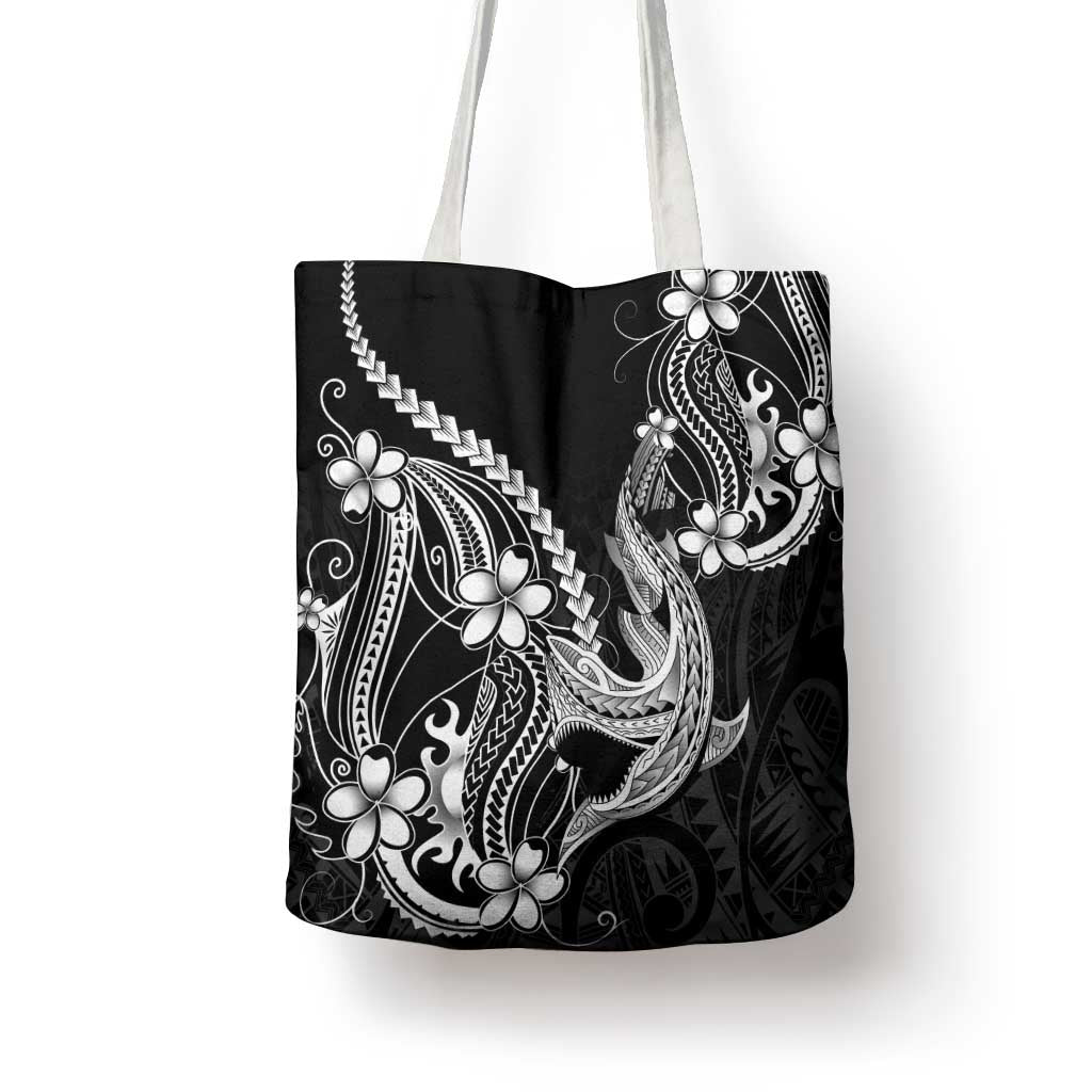 Black Aloha Hawaii Tote Bag Polynesian Shark Tattoo With Plumeria - Polynesian Pride