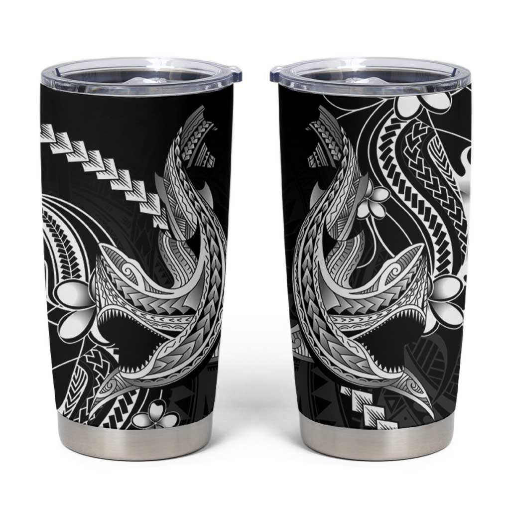 Black Aloha Hawaii Tumbler Cup Polynesian Shark Tattoo With Plumeria - Polynesian Pride