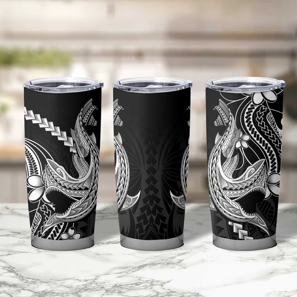Black Aloha Hawaii Tumbler Cup Polynesian Shark Tattoo With Plumeria - Polynesian Pride