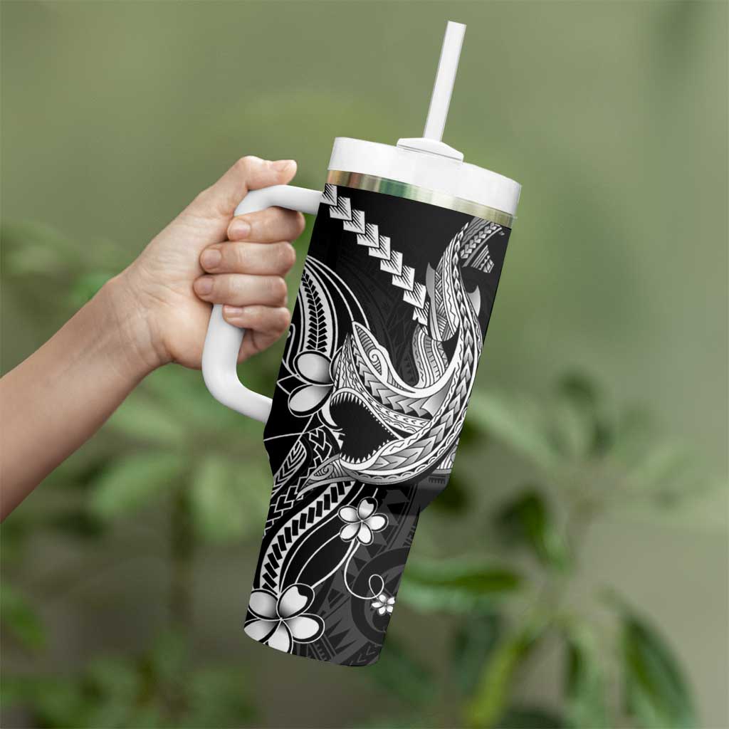 Black Aloha Hawaii Tumbler With Handle Polynesian Shark Tattoo With Plumeria LT14 - Polynesian Pride