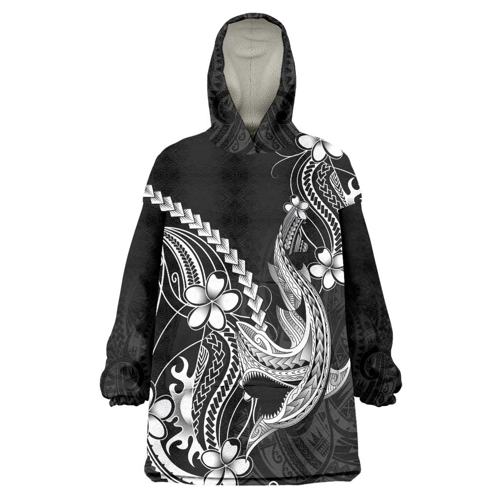 Black Aloha Hawaii Wearable Blanket Hoodie Polynesian Shark Tattoo With Plumeria - Polynesian Pride