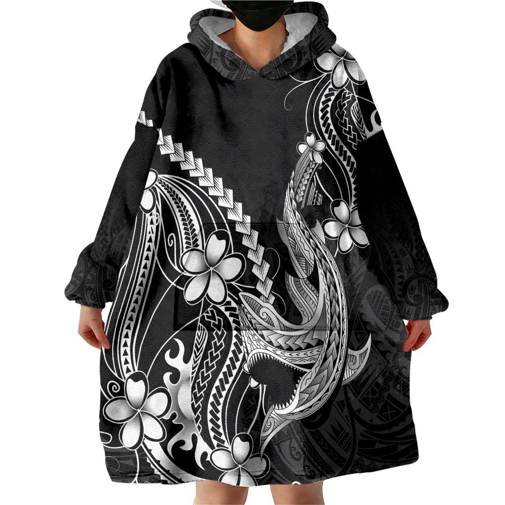 Black Aloha Hawaii Wearable Blanket Hoodie Polynesian Shark Tattoo With Plumeria - Polynesian Pride