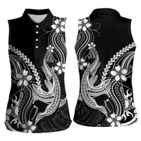 Black Aloha Hawaii Women Sleeveless Polo Shirt Polynesian Shark Tattoo With Plumeria - Polynesian Pride