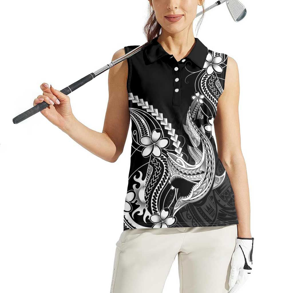Black Aloha Hawaii Women Sleeveless Polo Shirt Polynesian Shark Tattoo With Plumeria - Polynesian Pride