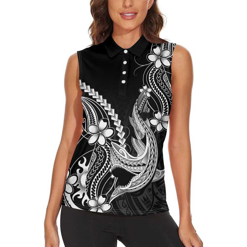 Black Aloha Hawaii Women Sleeveless Polo Shirt Polynesian Shark Tattoo With Plumeria - Polynesian Pride