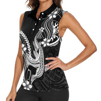 Black Aloha Hawaii Women Sleeveless Polo Shirt Polynesian Shark Tattoo With Plumeria - Polynesian Pride