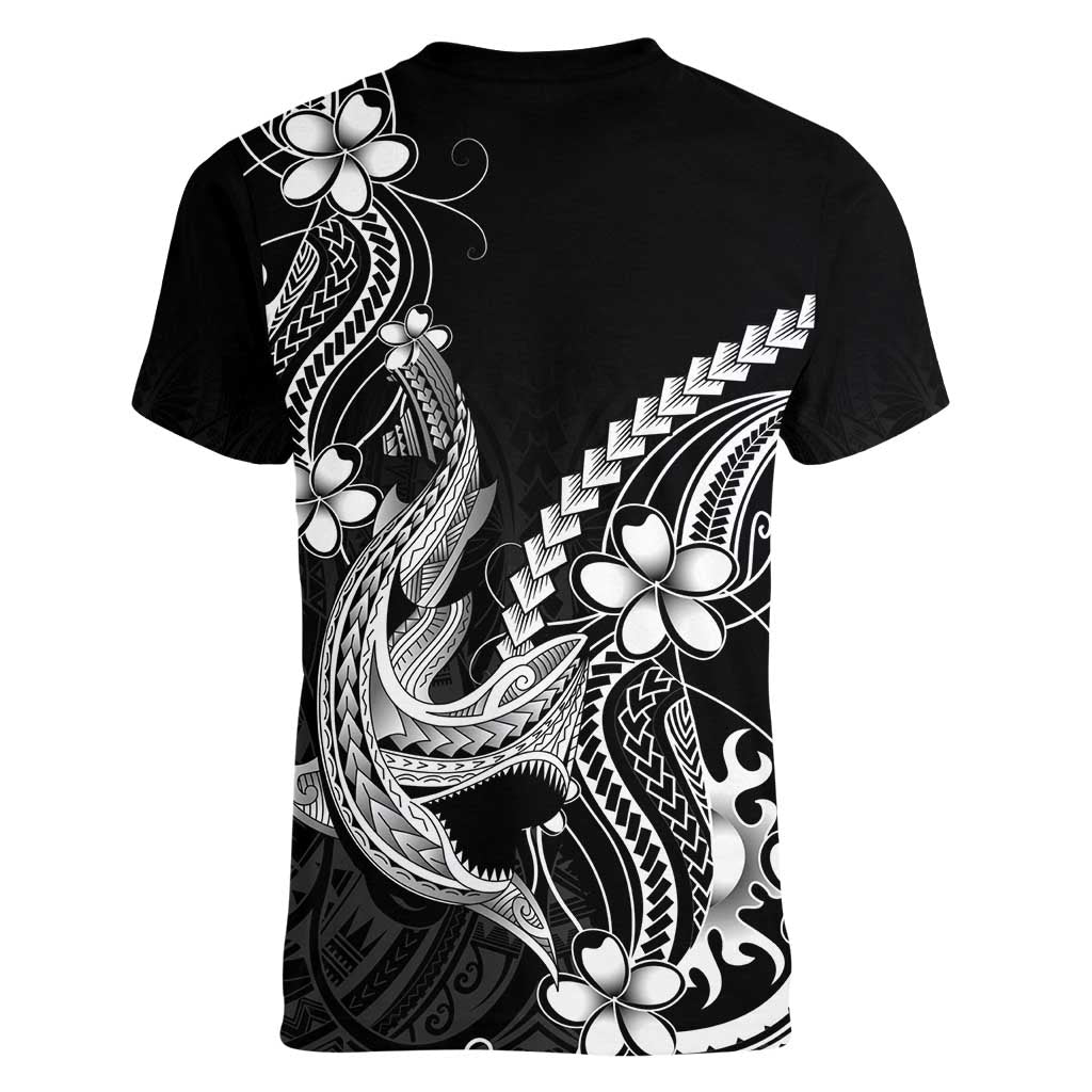Black Aloha Hawaii Women V-Neck T-Shirt Polynesian Shark Tattoo With Plumeria - Polynesian Pride