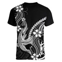 Black Aloha Hawaii Women V-Neck T-Shirt Polynesian Shark Tattoo With Plumeria - Polynesian Pride