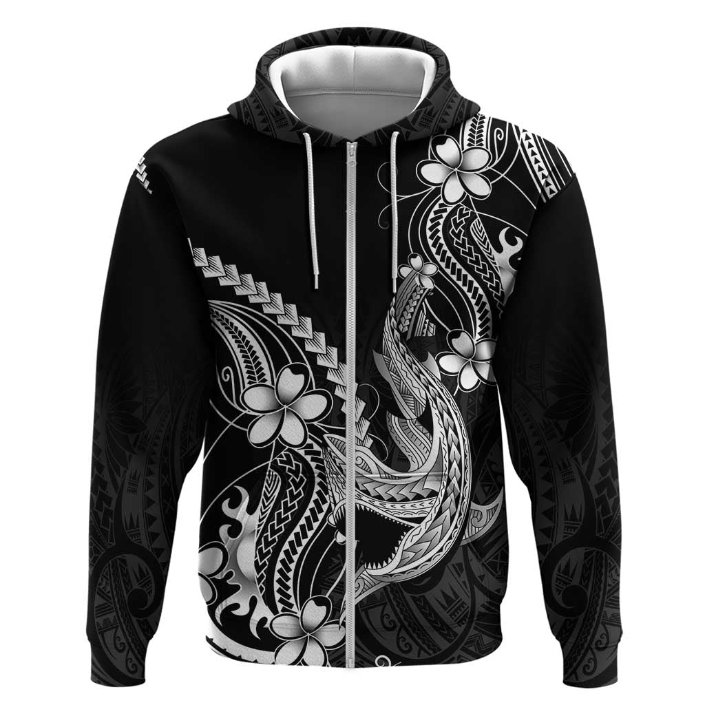 Black Aloha Hawaii Zip Hoodie Polynesian Shark Tattoo With Plumeria LT14 Zip Hoodie Black - Polynesian Pride