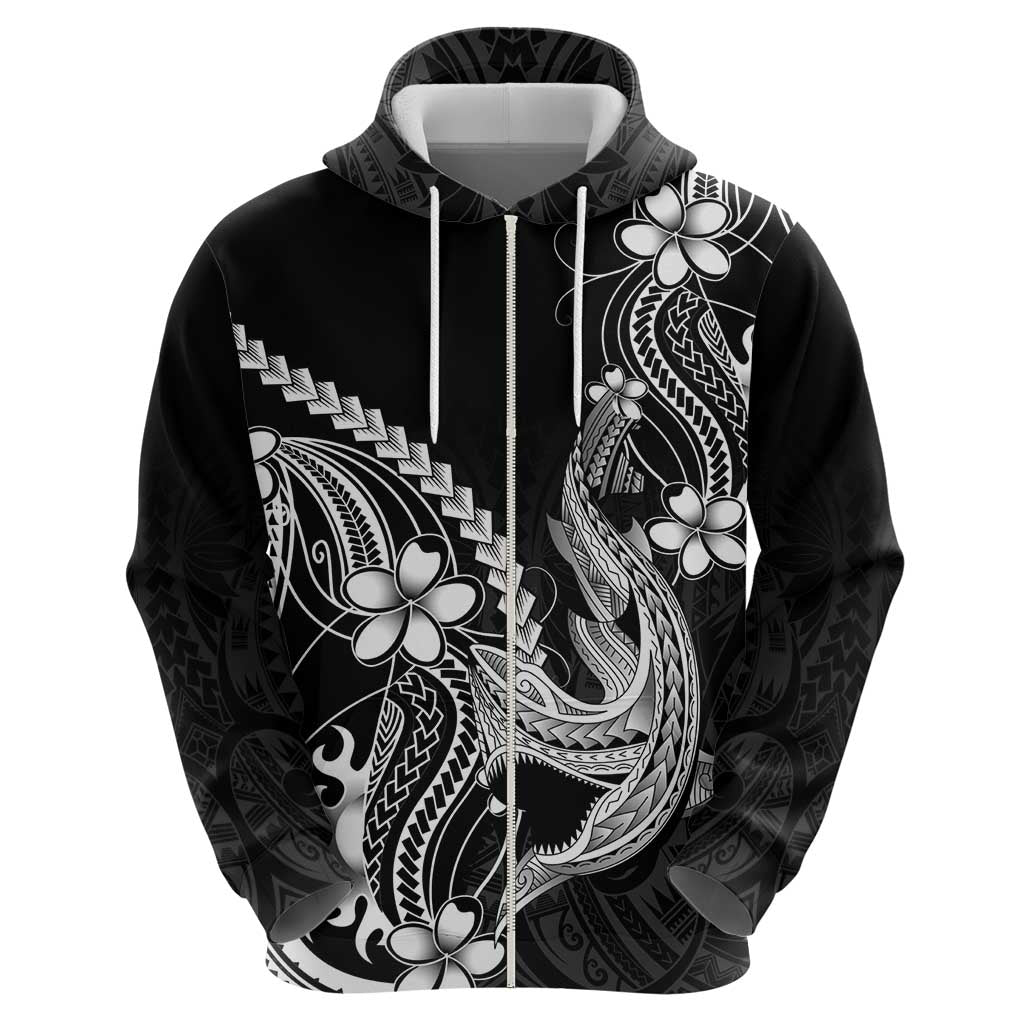 Black Aloha Hawaii Zip Hoodie Polynesian Shark Tattoo With Plumeria - Polynesian Pride