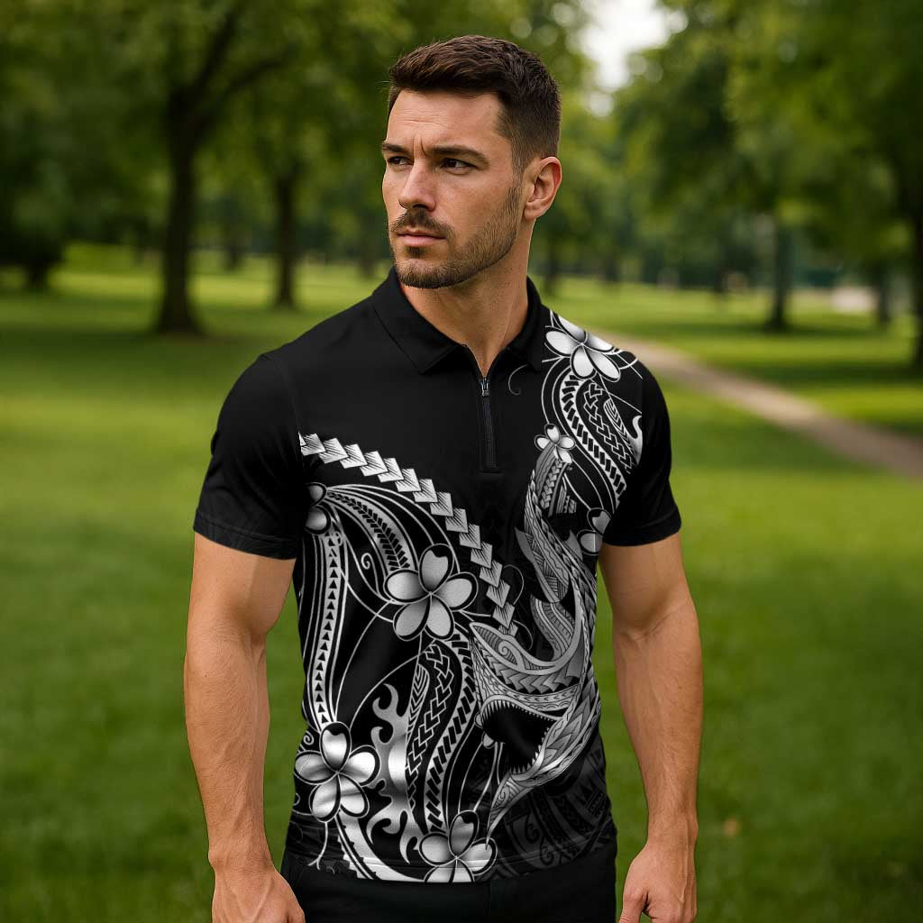 Black Aloha Hawaii Zipper Polo Shirt Polynesian Shark Tattoo With Plumeria - Polynesian Pride