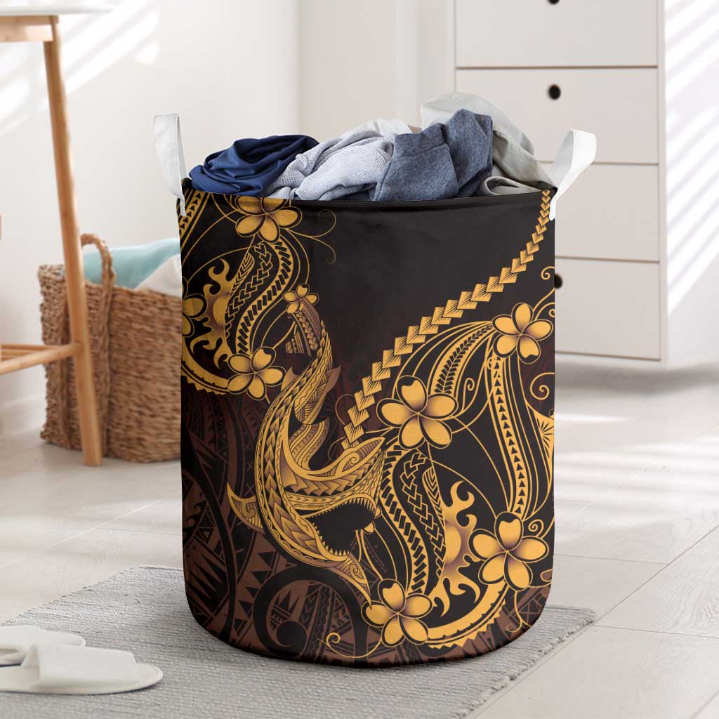 Gold Black Aloha Hawaii Laundry Basket Polynesian Shark Tattoo With Plumeria - Polynesian Pride