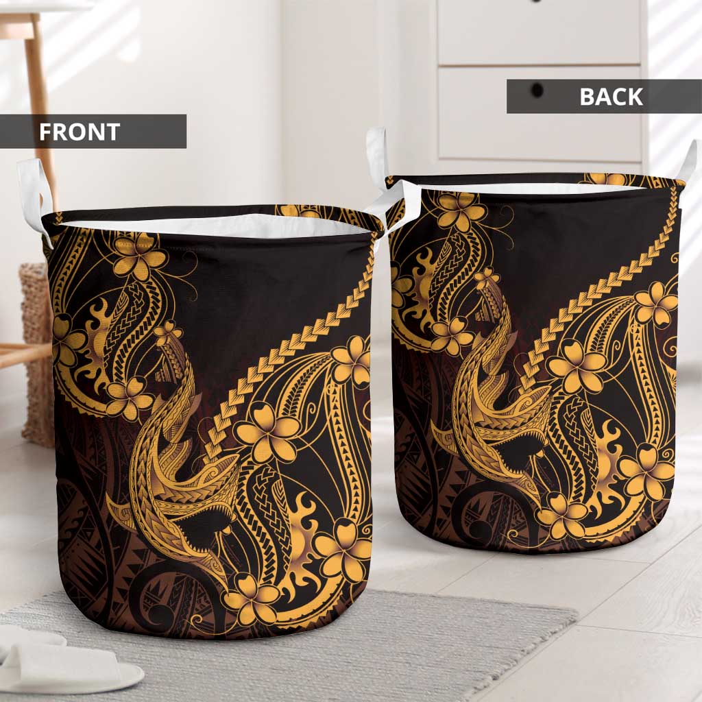 Gold Black Aloha Hawaii Laundry Basket Polynesian Shark Tattoo With Plumeria - Polynesian Pride