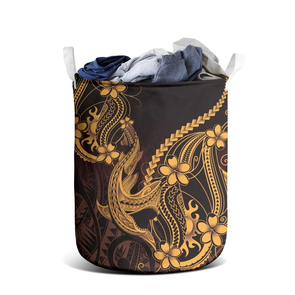 Gold Black Aloha Hawaii Laundry Basket Polynesian Shark Tattoo With Plumeria - Polynesian Pride