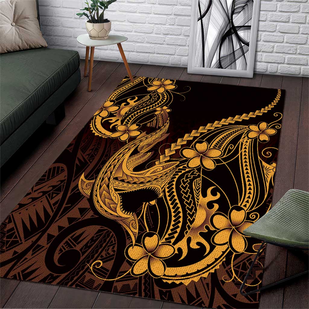 Gold Black Aloha Hawaii Area Rug Polynesian Shark Tattoo With Plumeria - Polynesian Pride