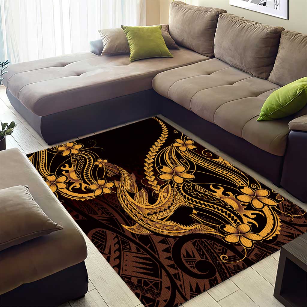 Gold Black Aloha Hawaii Area Rug Polynesian Shark Tattoo With Plumeria - Polynesian Pride