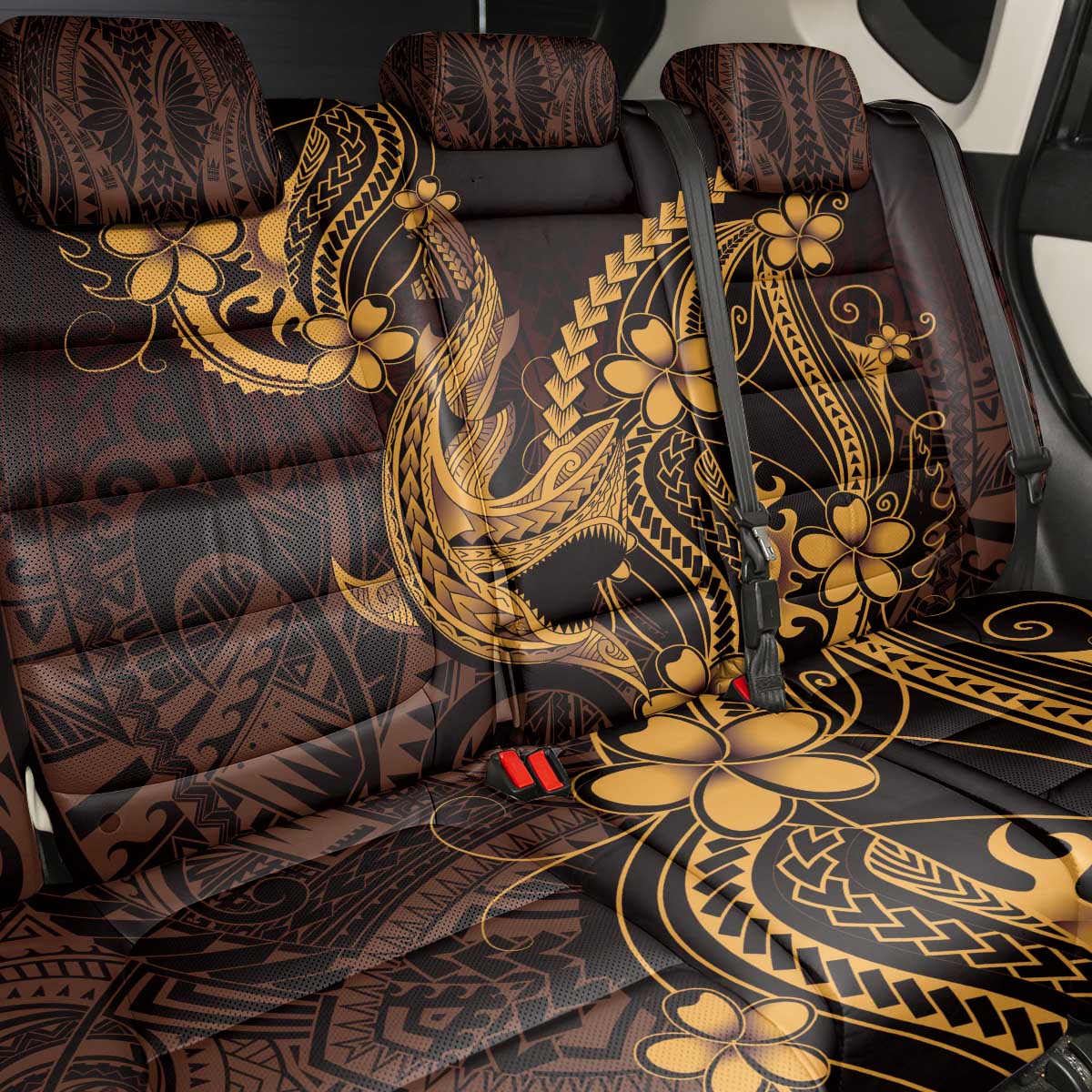Gold Black Aloha Hawaii Back Car Seat Cover Polynesian Shark Tattoo With Plumeria - Polynesian Pride