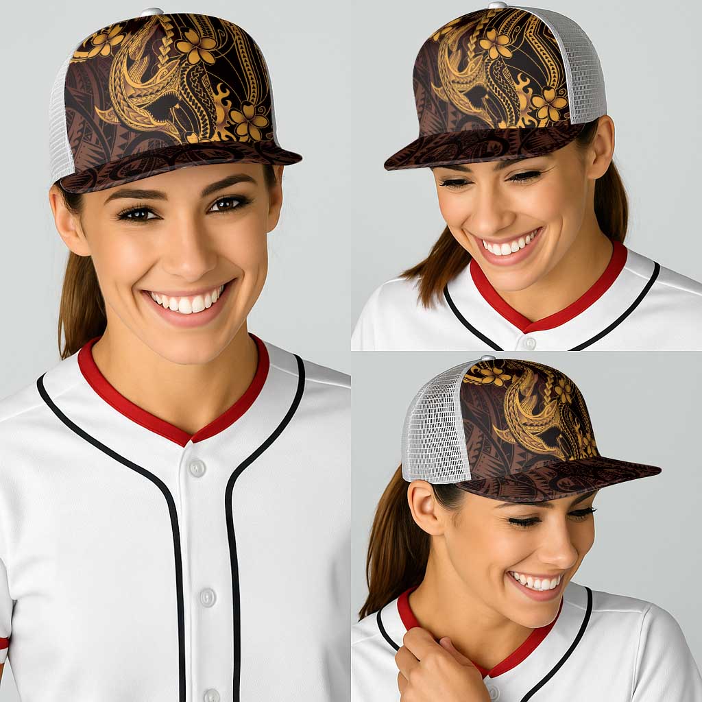 Gold Black Aloha Hawaii Baseball Net Cap Polynesian Shark Tattoo With Plumeria - Polynesian Pride