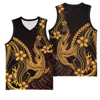 Gold Black Aloha Hawaii Basketball Jersey Polynesian Shark Tattoo With Plumeria - Polynesian Pride