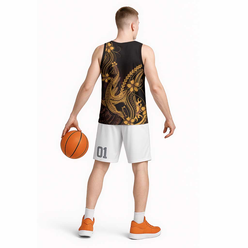 Gold Black Aloha Hawaii Basketball Jersey Polynesian Shark Tattoo With Plumeria - Polynesian Pride