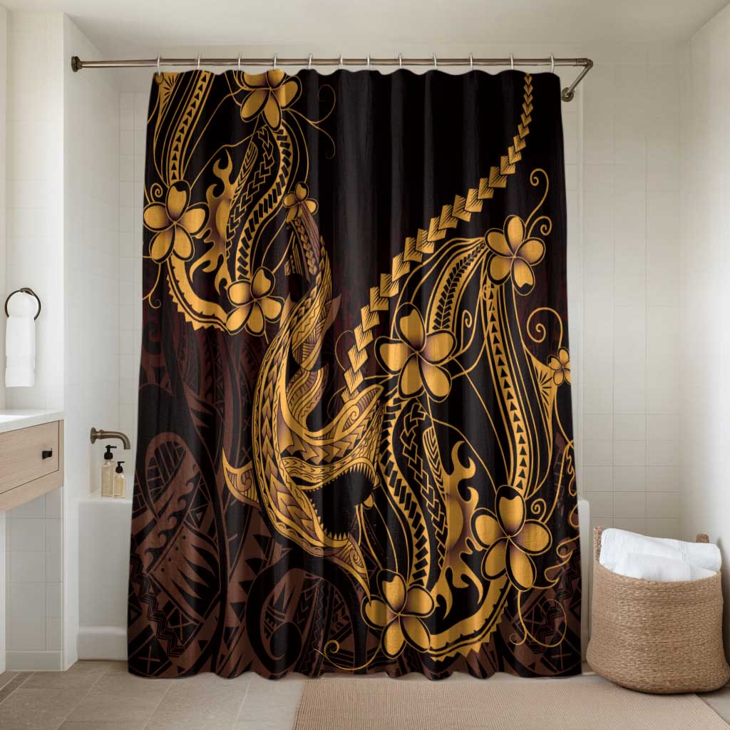 Gold Black Aloha Hawaii Bathroom Set Polynesian Shark Tattoo With Plumeria LT14 Shower Curtain Only Gold - Polynesian Pride