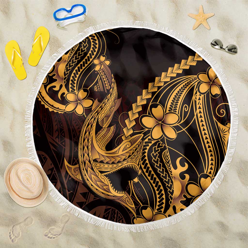Gold Black Aloha Hawaii Beach Blanket Polynesian Shark Tattoo With Plumeria LT14 One Size 150cm Gold - Polynesian Pride