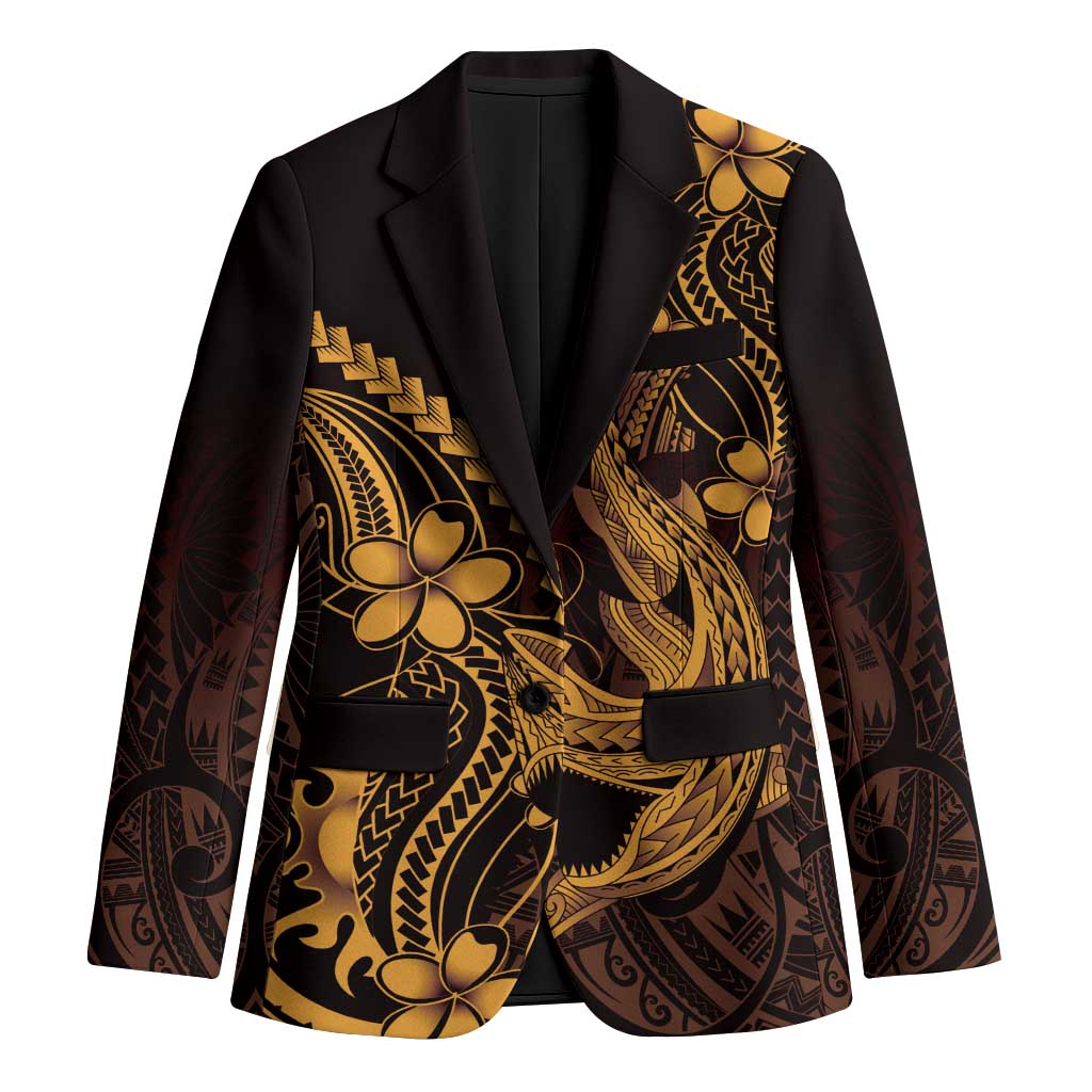 Gold Black Aloha Hawaii Blazer Polynesian Shark Tattoo With Plumeria LT14 Unisex Gold - Polynesian Pride