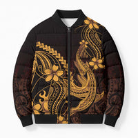 Gold Black Aloha Hawaii Bomber Puffer Jacket Polynesian Shark Tattoo With Plumeria - Polynesian Pride