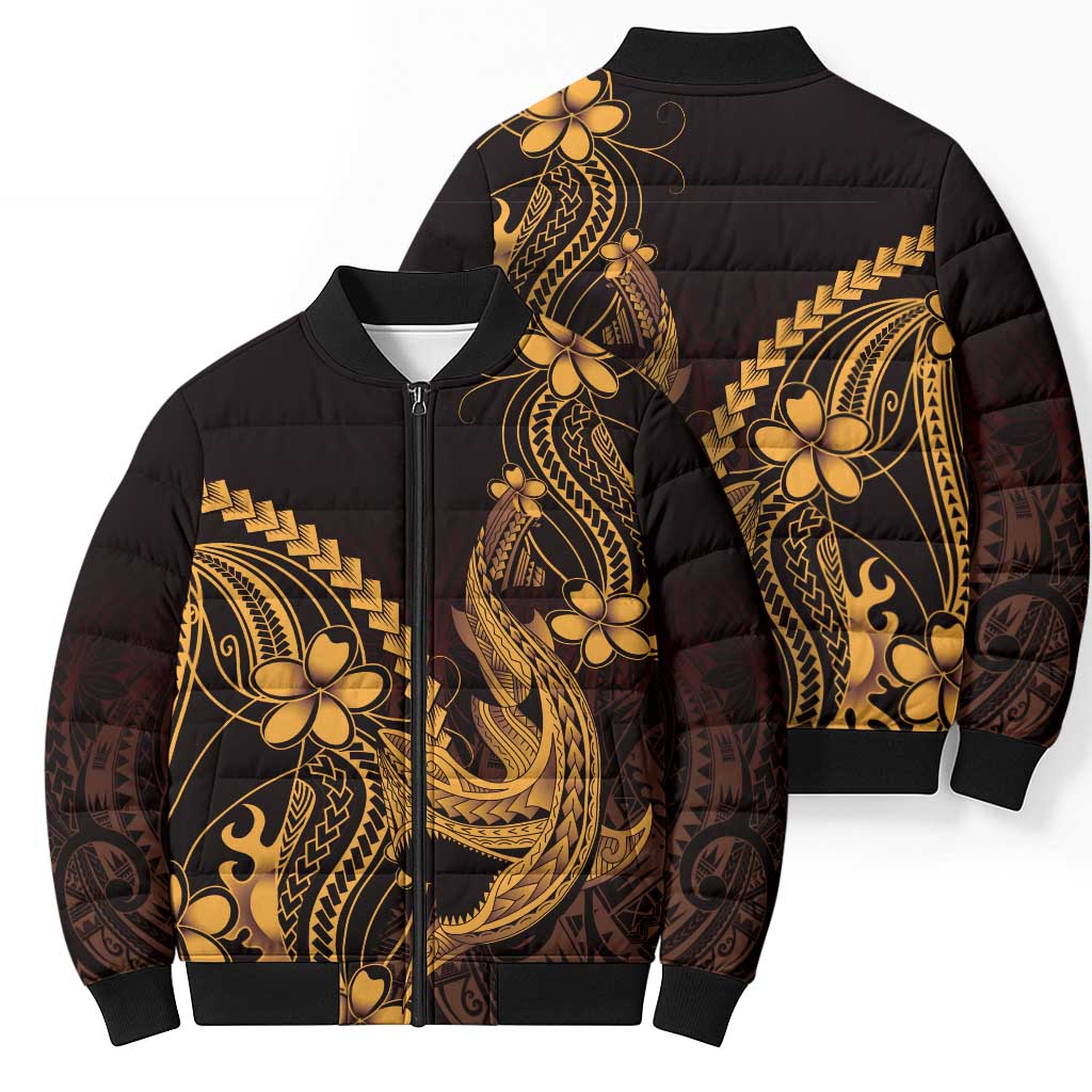 Gold Black Aloha Hawaii Bomber Puffer Jacket Polynesian Shark Tattoo With Plumeria - Polynesian Pride