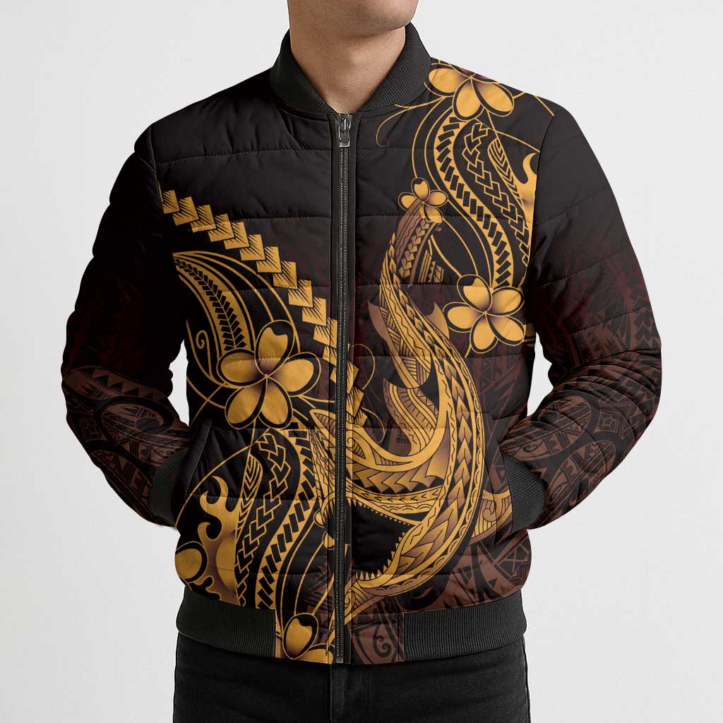 Gold Black Aloha Hawaii Bomber Puffer Jacket Polynesian Shark Tattoo With Plumeria - Polynesian Pride