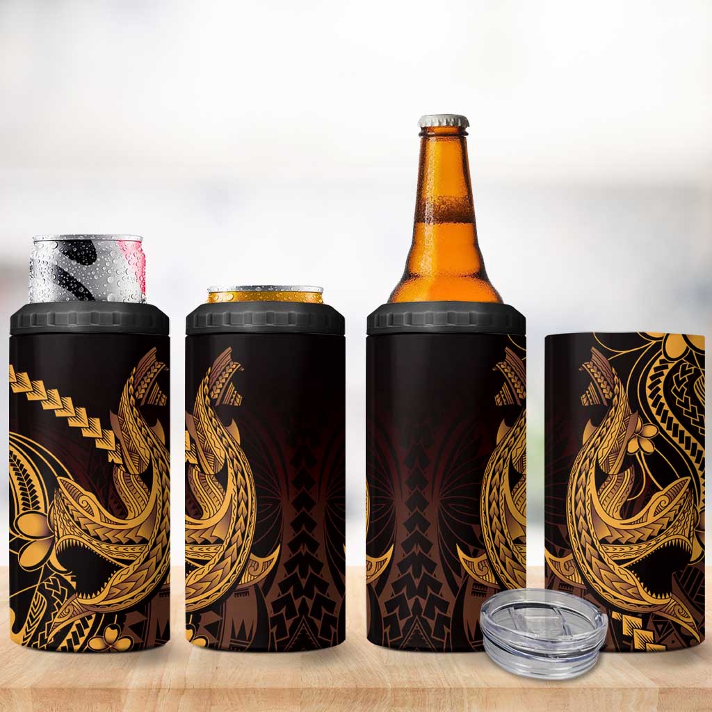 Gold Black Aloha Hawaii 4 in 1 Can Cooler Tumbler Polynesian Shark Tattoo With Plumeria - Polynesian Pride