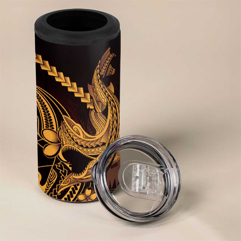 Gold Black Aloha Hawaii 4 in 1 Can Cooler Tumbler Polynesian Shark Tattoo With Plumeria - Polynesian Pride