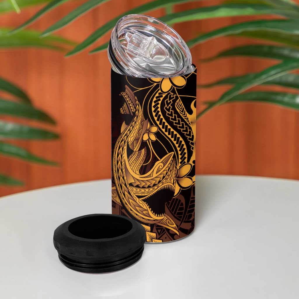 Gold Black Aloha Hawaii 4 in 1 Can Cooler Tumbler Polynesian Shark Tattoo With Plumeria - Polynesian Pride