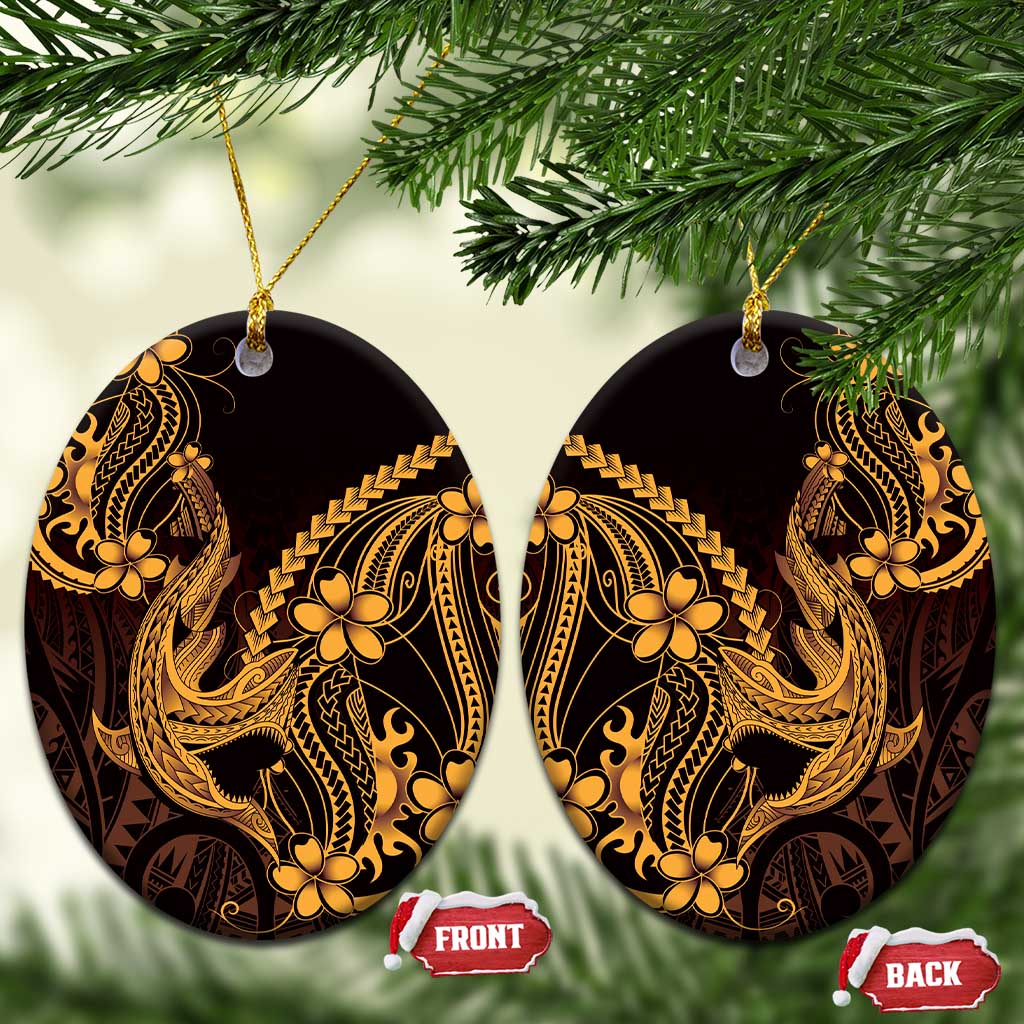 Gold Black Aloha Hawaii Ceramic Ornament Polynesian Shark Tattoo With Plumeria - Polynesian Pride
