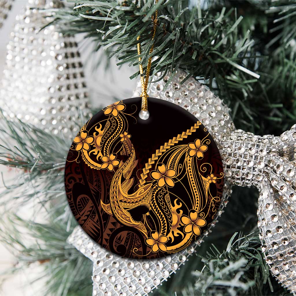 Gold Black Aloha Hawaii Ceramic Ornament Polynesian Shark Tattoo With Plumeria - Polynesian Pride