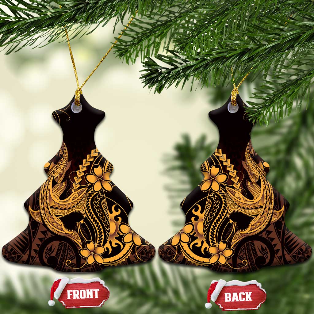 Gold Black Aloha Hawaii Ceramic Ornament Polynesian Shark Tattoo With Plumeria - Polynesian Pride