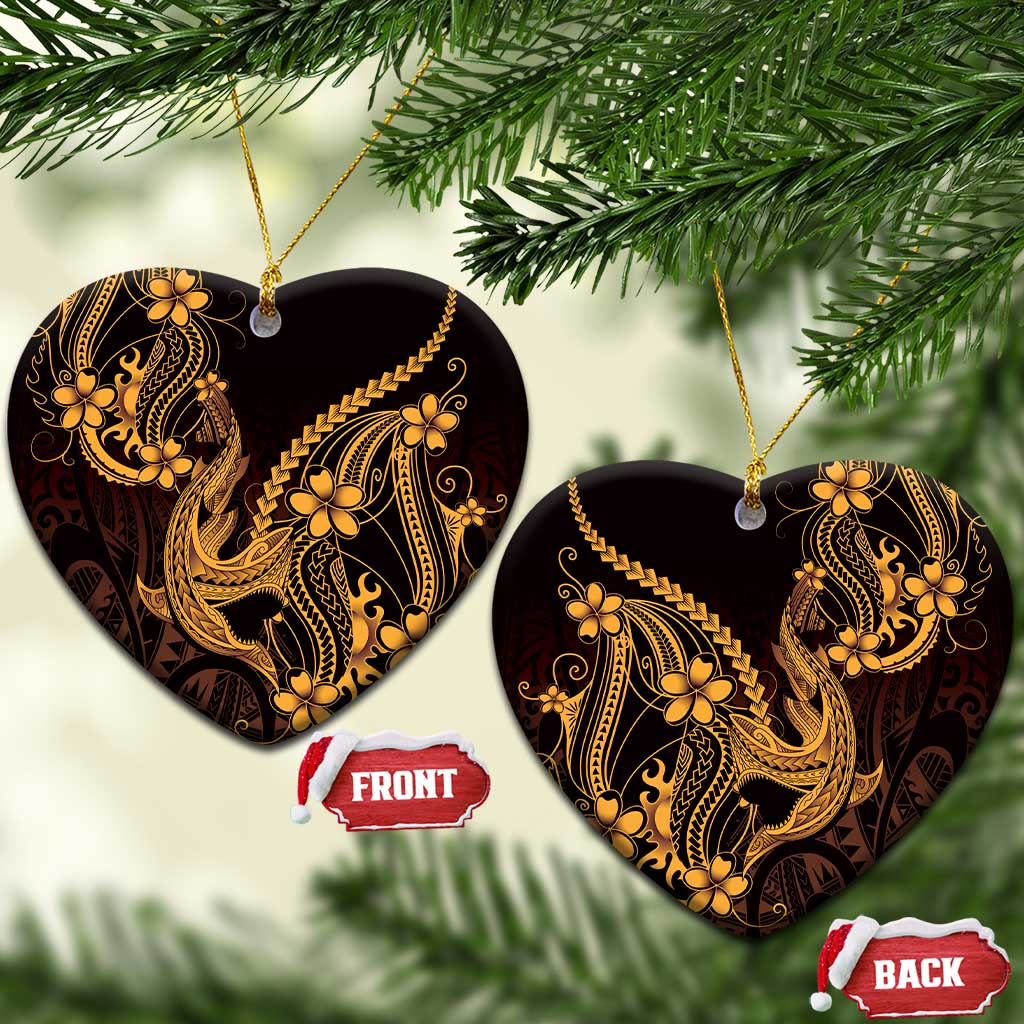 Gold Black Aloha Hawaii Ceramic Ornament Polynesian Shark Tattoo With Plumeria - Polynesian Pride