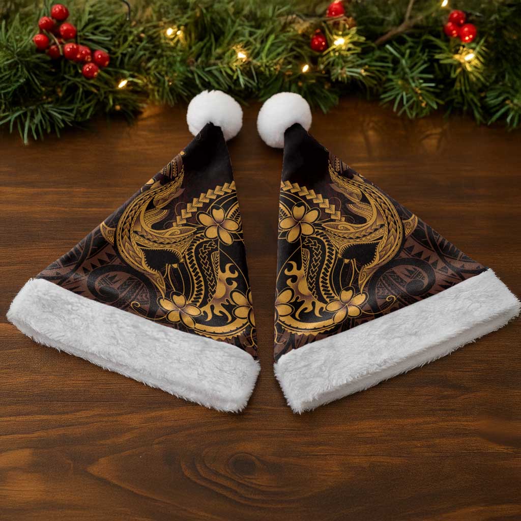 Gold Black Aloha Hawaii Christmas Santa Hat Polynesian Shark Tattoo With Plumeria - Polynesian Pride