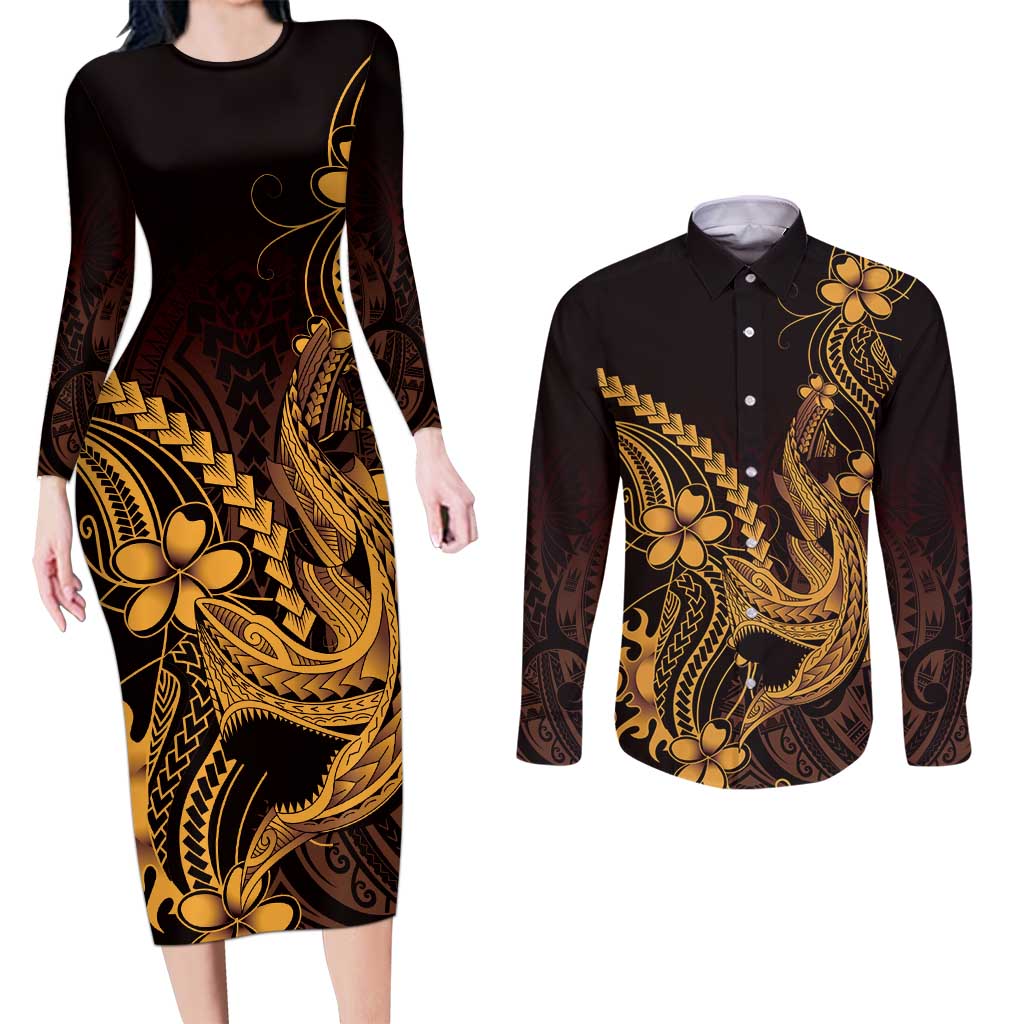 Gold Black Aloha Hawaii Couples Matching Long Sleeve Bodycon Dress and Long Sleeve Button Shirt Polynesian Shark Tattoo With Plumeria - Polynesian Pride