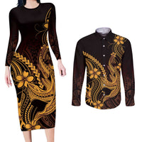Gold Black Aloha Hawaii Couples Matching Long Sleeve Bodycon Dress and Long Sleeve Button Shirt Polynesian Shark Tattoo With Plumeria - Polynesian Pride